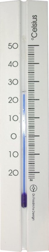 Witte thermometer van 20 cm met een blauwe vloeistof en schaalverdeling in graden Celsius, reikt tot 20 graden.