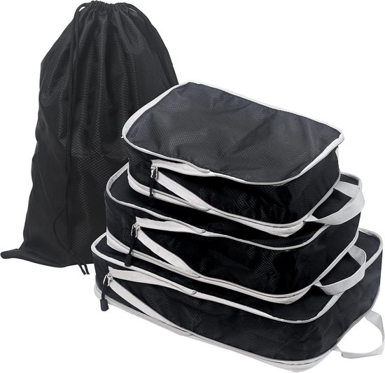 Foto: Paktassen voor koffer en rugzak set van 4 koffer organisers voor reizen compressiezakken verpakkingsblokjes met dubbele rits nylon zwart