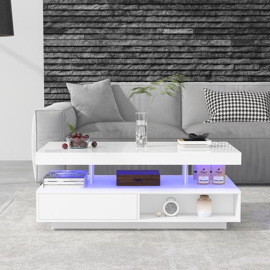 Sweiko Witte hoogglans salontafel 95x50x42.5 cm, 4 glazen werkbladen, 2 lades en 2 open vakken, Woonkamer tafel, sofa tafel, basiskast voor woonkamer