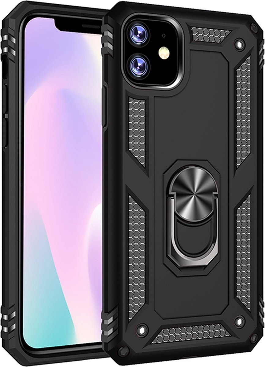 MobyDefend Hoesje - Geschikt voor iPhone 11 Pro - Pantsercase Met Draaibare Ring - Zwart