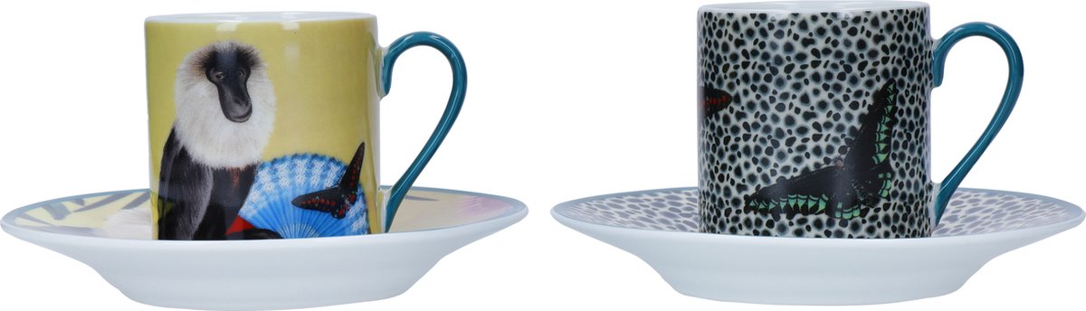 Mikasa x Sarah Arnett Espresso Kopjes Set, 2x Espresso Kopjes en Schotels, Porseleinen Kleine Espresso Kopjes met Dierenprint, 85ml - Geschenkverpakking en Vaatwasserbestendig