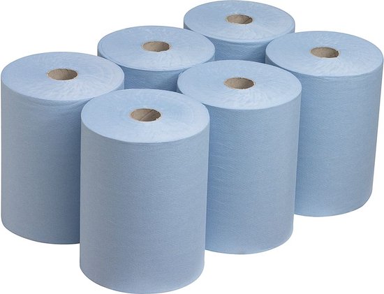 Zes blauwe, 1-laags Scott Slimroll handdoekrollen.
