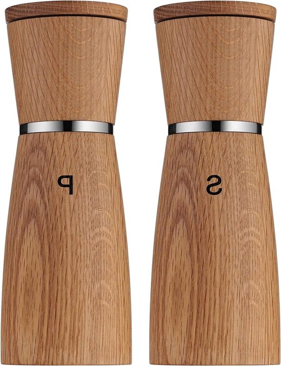 WMF 652334500 Grinder/Spreader Salt and Pepper Mill 2-Piece Nature, Exclusive Ceramic Grinders, Oak Wood, Glossy Cromargan Stainless Steel, Aroma Protection Lids, Wide Opening