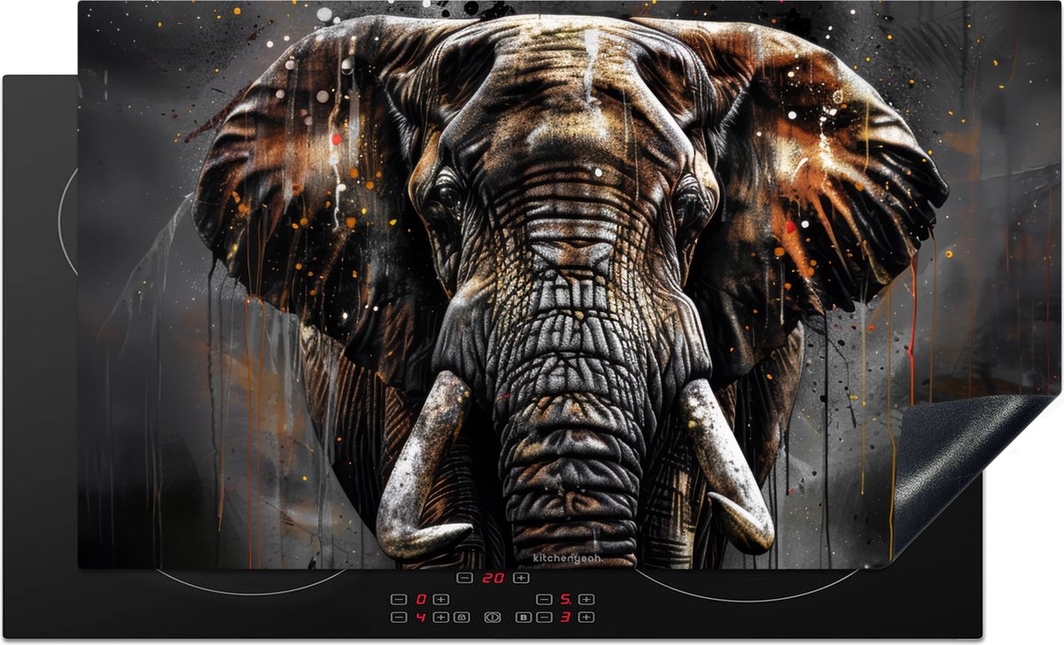 KitchenYeah® Inductie beschermer 95x50 cm - Olifant - Dier - Verf - Zwart - Afdekplaat voor kookplaat - Inductieplaat mat - Beschermingsmat - Beschermplaat - Keuken bescherm decoratie - Afdek kookplaten
