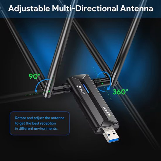 Zwarte WiFi 6E adapter met twee verstelbare antennes. Kan 90° en 360° draaien voor optimale ontvangst.