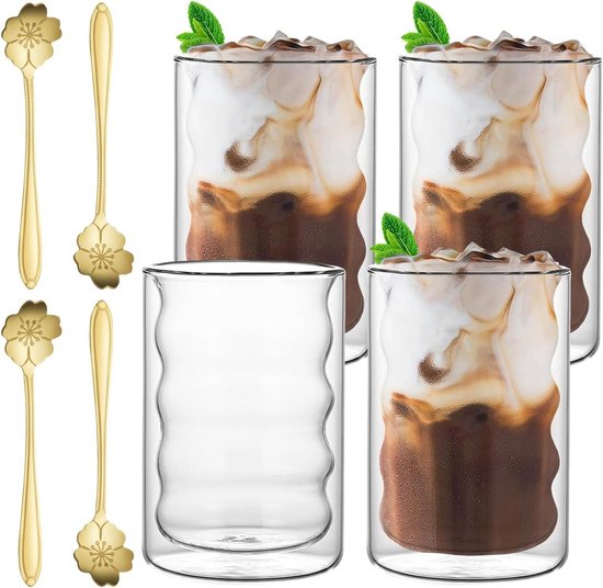 Foto: Set of 4 double wall glass coffee cups 375ml espresso cups includes 4 spoons ideal for latte macchiato cappuccino beer milk tea cappuchino glazen