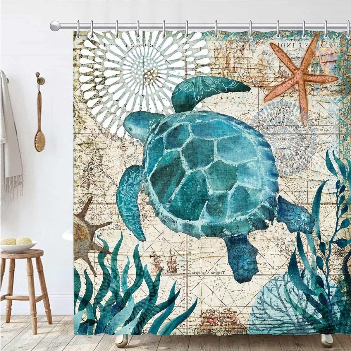Douchegordijn 180 x 180 cm badkamer gordijnen schimmelbestendig meeldauwbestendig waterdicht wasbaar - wit 3D HD polyester - zeeschildpadden - 12 haken