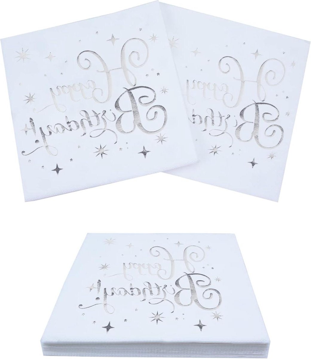 Servetten voor Happy Birthday - 60 stuks servetten verjaardag wit zilver - papieren servetten 33 x 33 cm - mannen vrouwen meisjes feestdecoratie servetten papieren