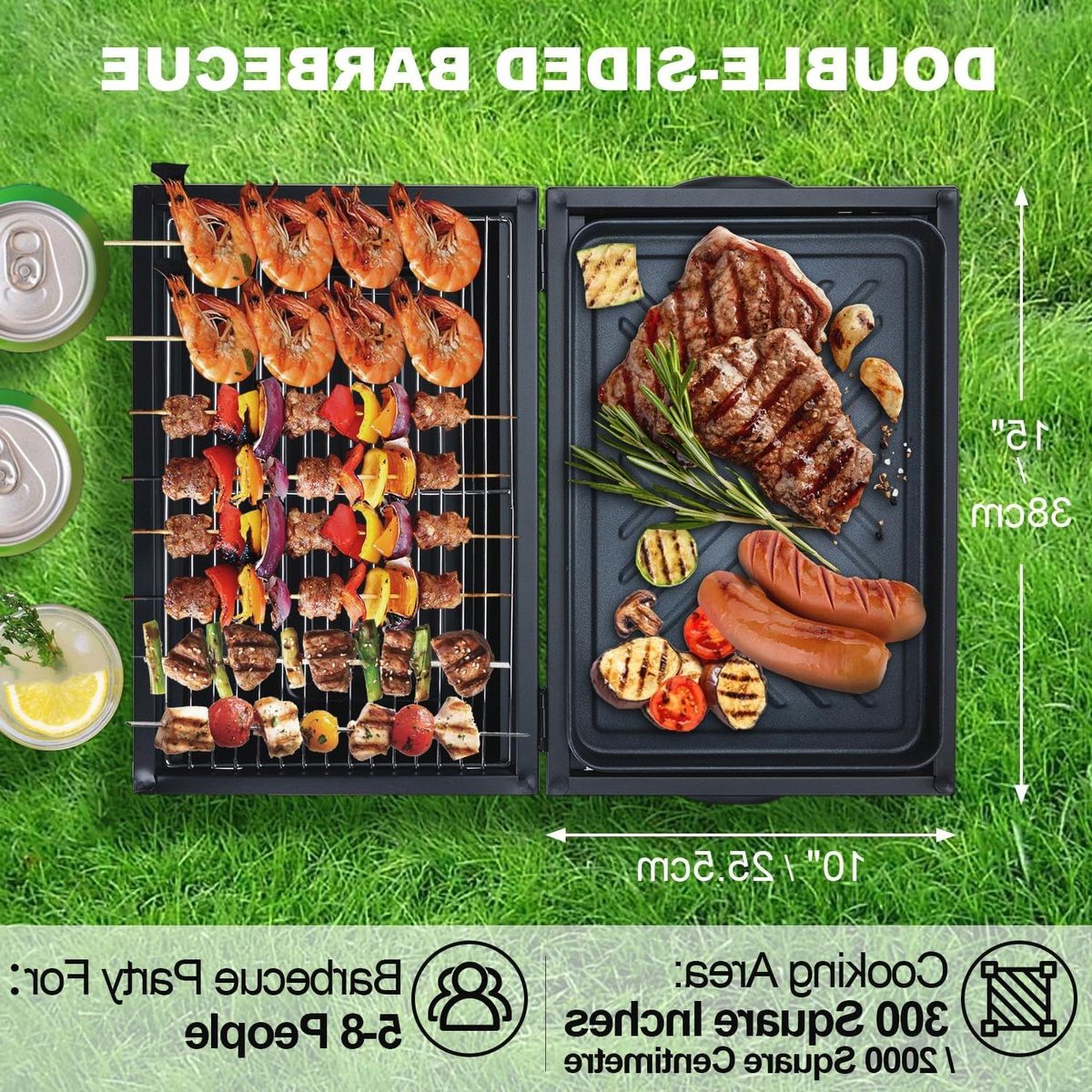 Dubbelzijdige houtskoolgrill met rooster en koekenpan voor buiten - draagbare tafelbarbecue voor achtertuin terras barbecue camping - zwart