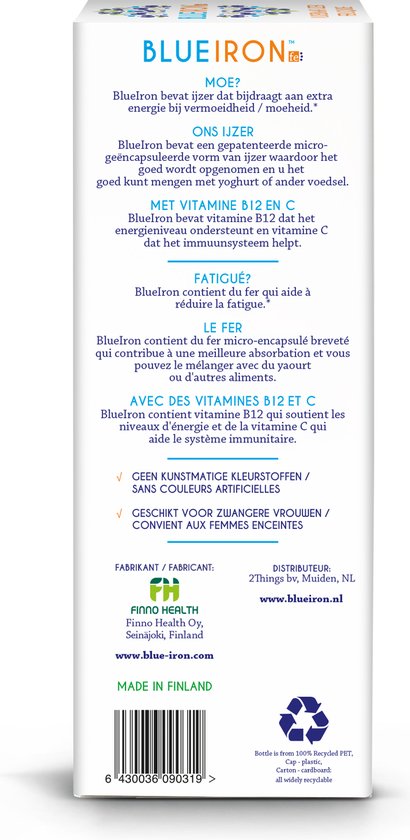 Verpakking van Blueiron vloeibaar ijzer met bosbessensmaak, 330 ml. De doos is opengeklapt.