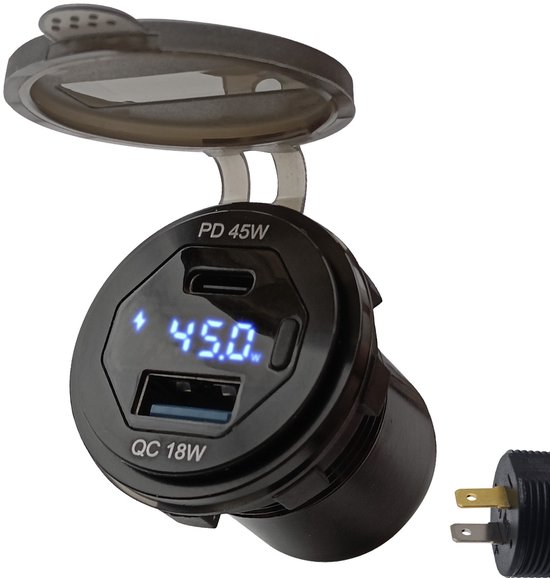ProRide 12V USB/USB C Autolader 2 Poorten Inbouw met Schakelaar en Wattagemeter - 45W - QC3.0 - USB Stopcontact voor Auto, Boot en Camper - Blauw