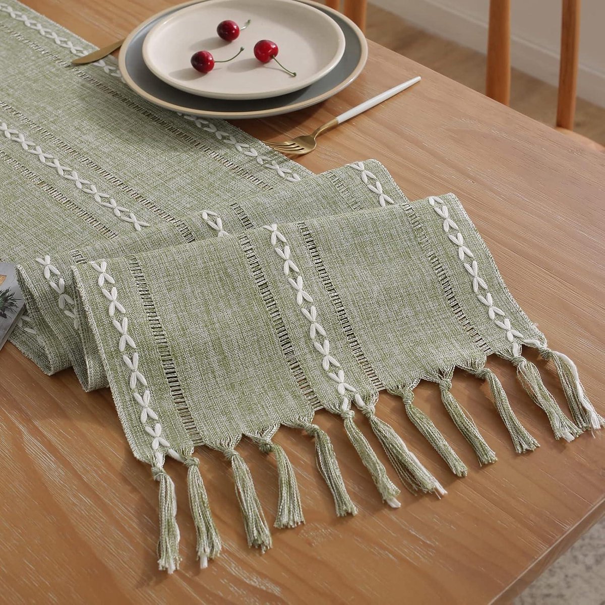 Rustieke Stijl Boerderij Tafelloper - Gevlochten Gestreepte Linnen - 305 cm - Decoratie Groen - 120 Inch Lang met Kwastjes - Eetkamer Keuken Dressoir