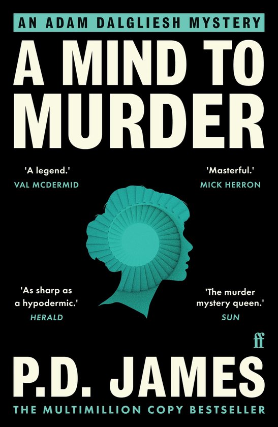 Boek "A Mind to Murder" van P.D. James, een Adam Dalgliesh mysterie. Blauw profiel van een vrouw tegen een donkere achtergrond.