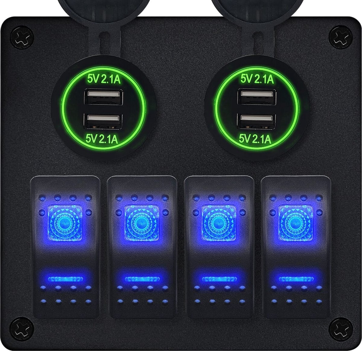 ProRide Schakelpaneel 12V voor Auto/Boot - USB Stopcontact 4 Poorten - 5V/2.1A - 4 schakelaars - Groen