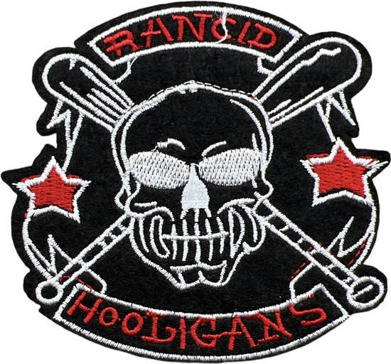 Rancid Hooligans Tekst Honkbal Strijk Embleem Patch 9.2 cm / 8.7 cm / Zwart Wit Rood