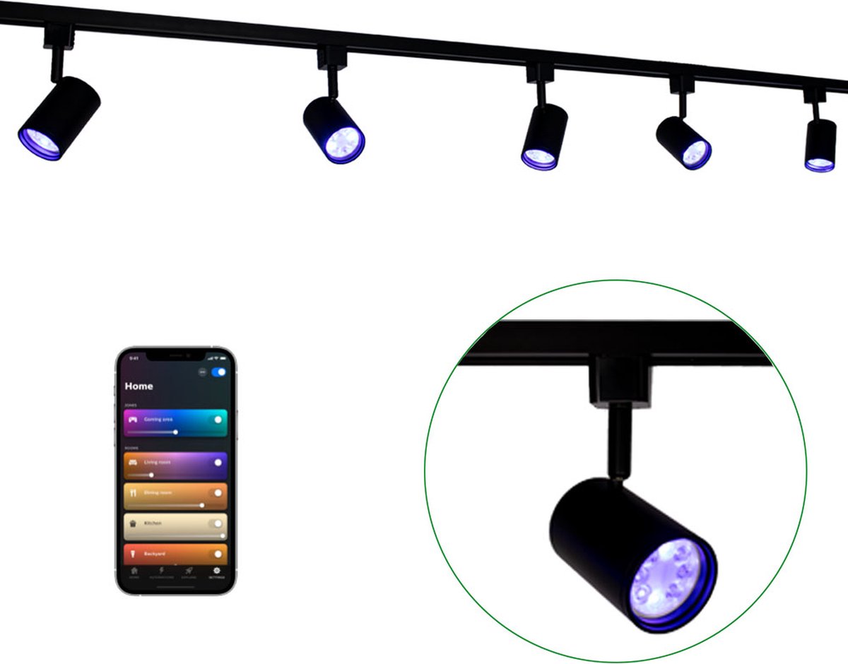 Smart Railsysteem 1-fase | Zwart | 3 Meter | HUE compatible | Incl. 5x smart GU10 spots
