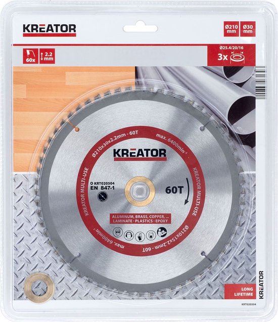 Kreator multi-use cirkelzaagblad, 210mm x 30mm x 2.2mm, 60T. Verpakt in blister met buizen.