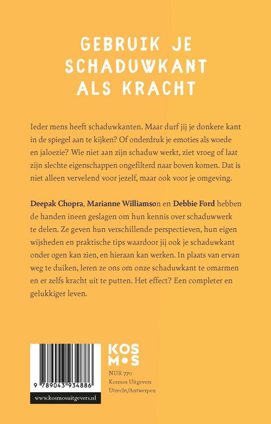 Achterkant van het boek 'Het Schaduw Effect' met tekst en logo van Kosmos Uitgevers.