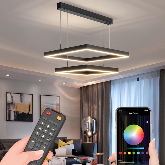 Chandelix - Moderne Vierkant Hanglamp - 2 Square - Dimbaar - 3 lichts - Afstandsbediening - Zwart - Woonkamer | Industrieel | Slaapkamer | Keuken I Eettafel | Smartlamp
