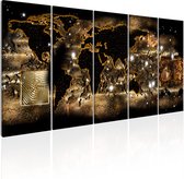 Peinture - Monde dans la nuit - Wereldkaart , brun noir, 5 parties, impression sur véritable toile italienne, en XXL, ornement pour le mur, décoration murale