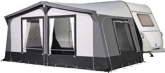 Campout Voortent Nova 250 – Omloopmaat 851-875 cm - Zonneluifel – Zonwering – Caravan – Schroefloze Bevestiging – Inclusief Tochtstrook, Wielflap, Tentharingen, Ladderspanners en Opbergtas – YKK ritsen – Naadloos Dak - Lichtgrijs