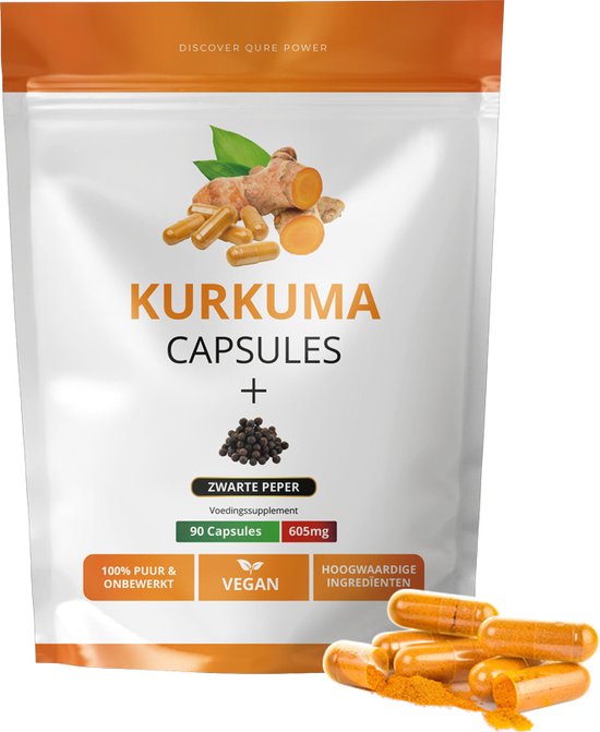 Verpakking met 'Kurkuma Capsules' en afbeeldingen van kurkumawortel, peperkorrels en capsules. 90 capsules, 605mg. Vegan.
