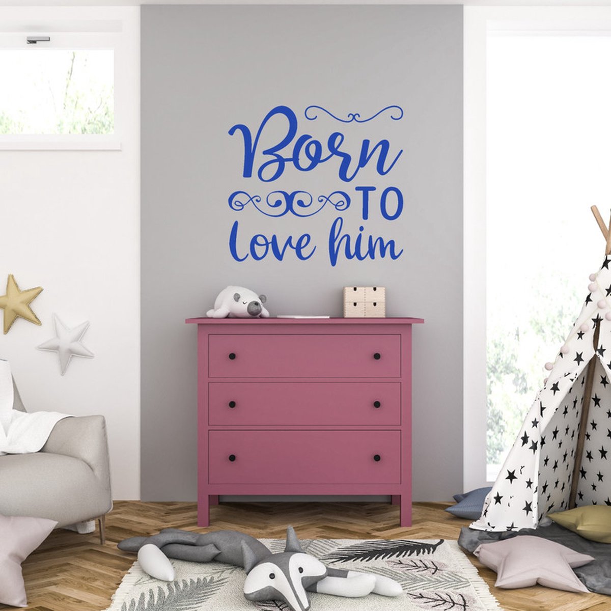 MC Living Muursticker - Born To Love Him - 46,4 x 50,4 - Blauw