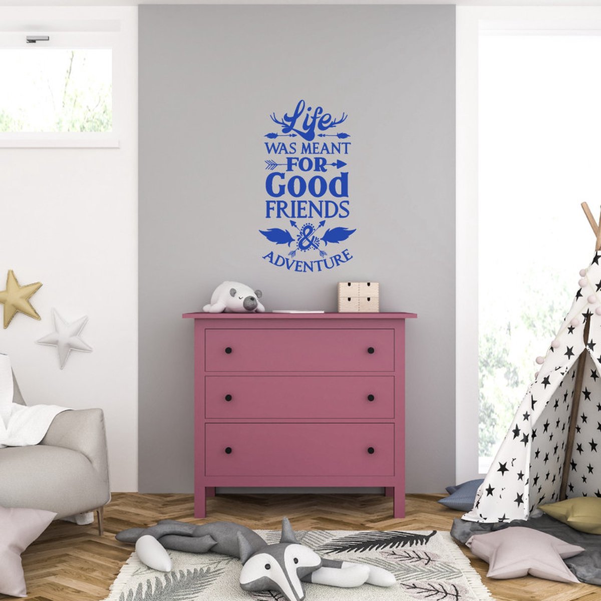MC Living Muursticker - Life Was Meant For Good Friends & Adventure - 46,4 x 81,6 - Blauw