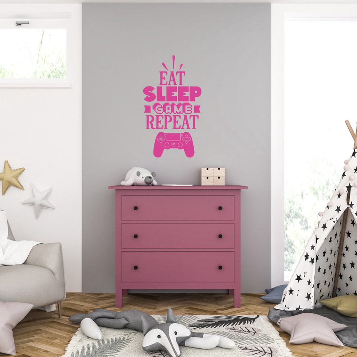 MC Living Muursticker - Eat Sleep Game Repeat - 40,6 x 70,7 - Roze