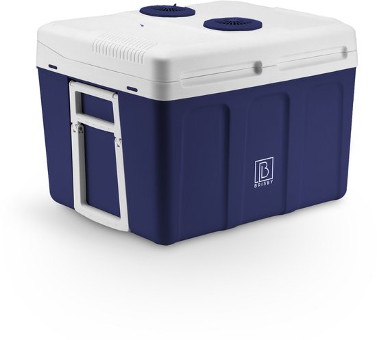 Grote donkerblauwe en witte koelbox met handvat en ventilatieopeningen op de deksel.