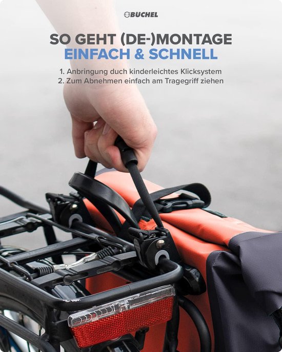 Fietstas voor bagagedrager 254 l 100% waterdicht - met draaggreep en schouderriem - rood/zwart - 565 x 30 x 15 cm van Fietstas — afbeelding 3