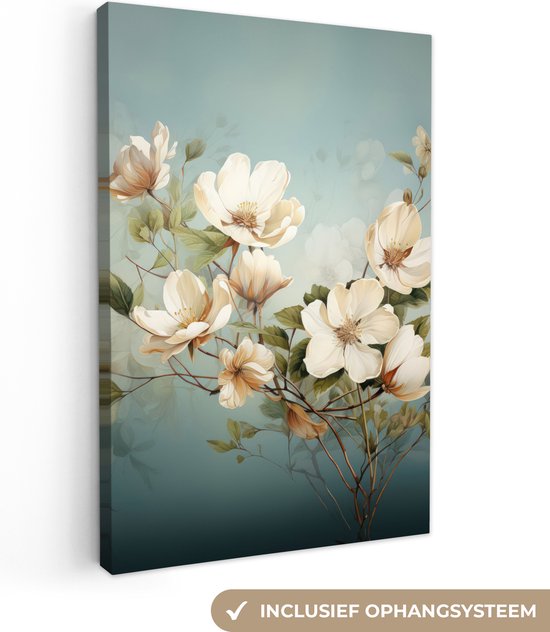 Foto: Canvas blauwe libel staat op bloem met gedetaileerde doorzichtige vleugels 30x30 cm foto op canvas schilderij wanddecoratie op canvas