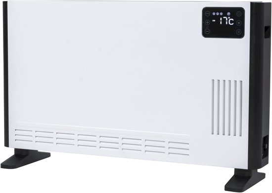 Witte Eurom convectorkachel met zwart display met temperatuur 17 graden Celsius.