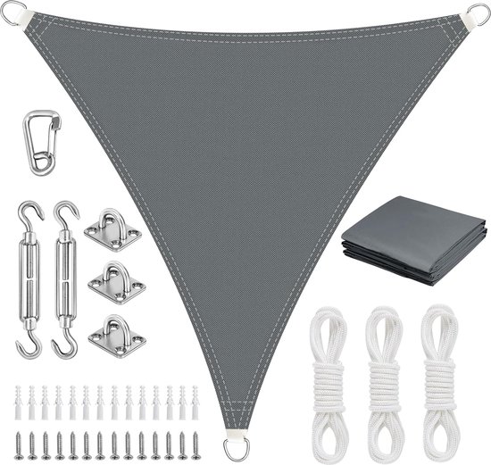 Voile d'ombrage triangulaire 4 x 4 x 4 m avec fixation, voile d'ombrage, imperméable, protection solaire, protection UV, bâche sans perçage, convient pour balcon, jardin, terrasse et camping, gris
