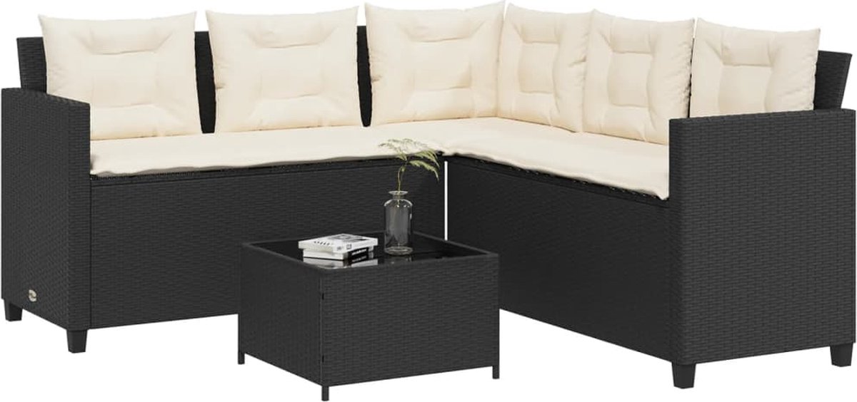 vidaXL - Tuinbank - met - tafel - en - kussens - L-vormig - poly - rattan - zwart