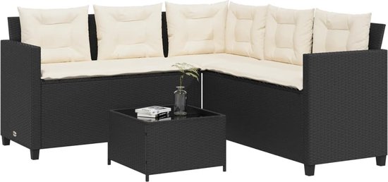 vidaXL - Tuinbank - met - tafel - en - kussens - L-vormig - poly - rattan - zwart