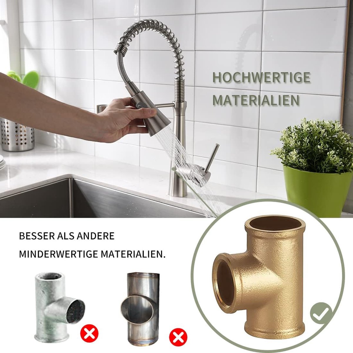 I Kraan keuken, mengkraan, keukenkraan, uittrekbare spiraalveerarmatuur, keukenspoelbak, armatuur, vaatdouche, spoelbakarmatuur, geborsteld nikkel