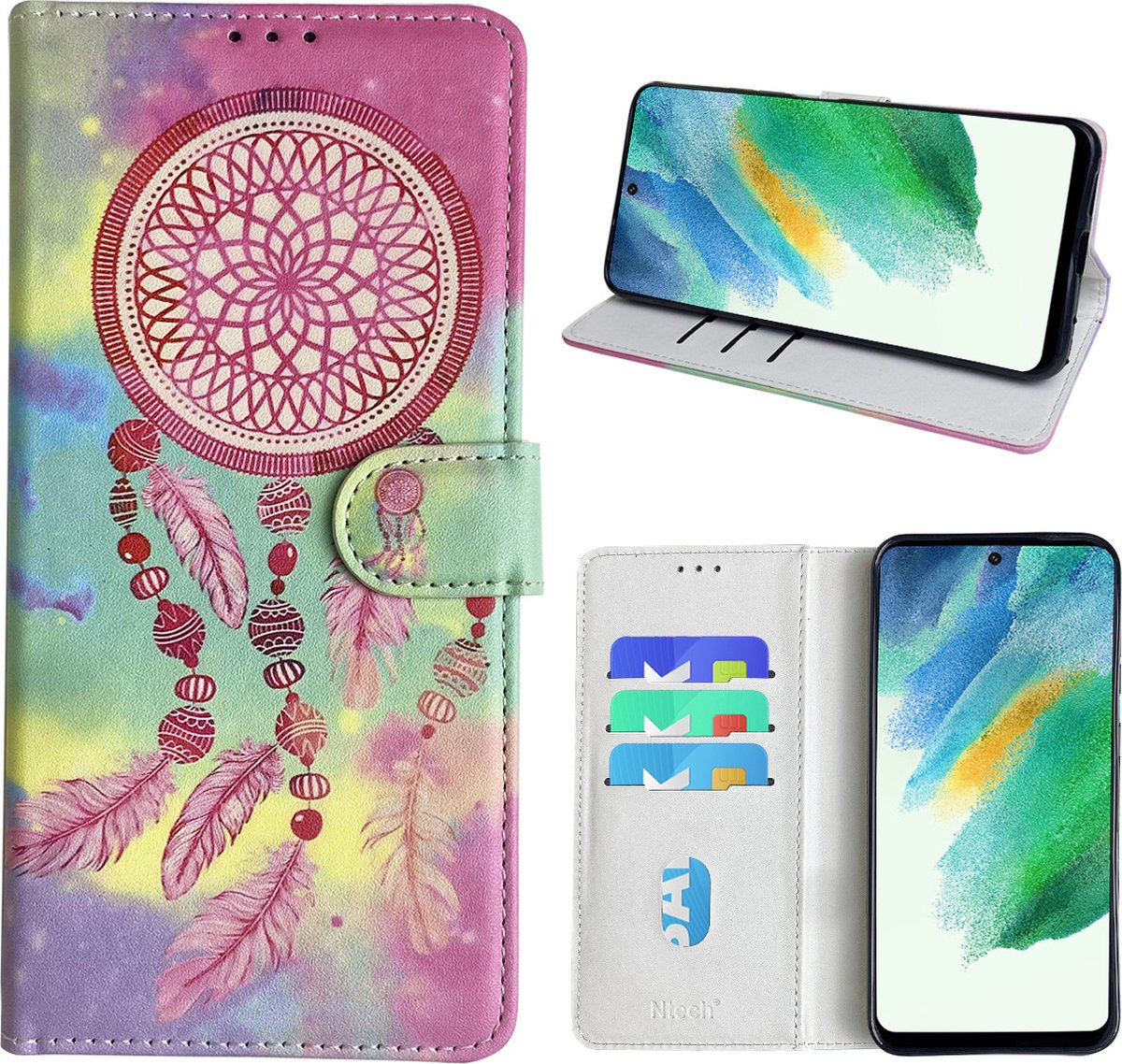 Hoesje geschikt voor Samsung Galaxy S21 FE Bookcase met dromenvanger print Roze