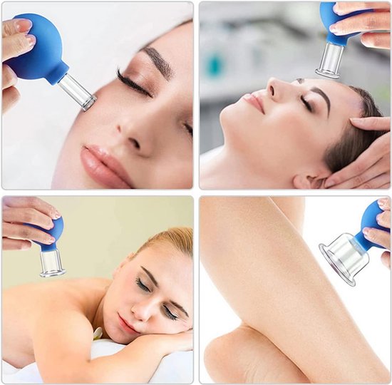 Vier panelen tonen een vrouw die gezichtsmassage krijgt met blauwe cups, en een close-up van armen.