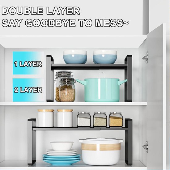 Uitbreidbaar kastrek, 66 cm, stapelbaar keukenrek, organizer, keukenkruidenrek, voorraadkast, verstelbare kastorganizer, opbergrek voor keuken en kantoor (2 stuks, wit, S