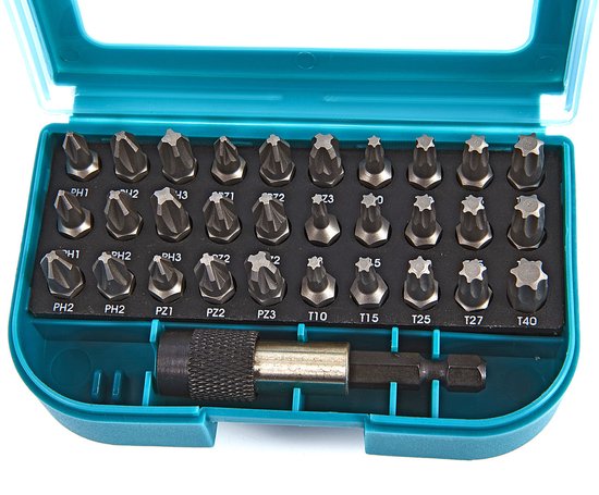 Open turquoise Makita bitset met diverse bitjes en een magnetische houder.