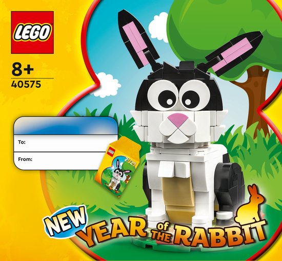 La boîte LEGO "Année du Lapin" avec un lapin LEGO noir et blanc, le texte "NEW YEAR of the RABBIT" et un arbre.