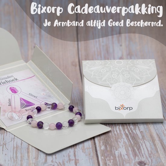 Bixorp cadeauverpakking met edelsteenarmband: paarse amethist, roze rozenkwarts en heldere bergkristallen.