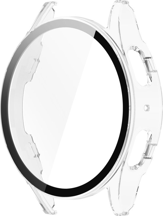 Transparant hoesje voor smartwatch met een zwarte band rond het scherm.