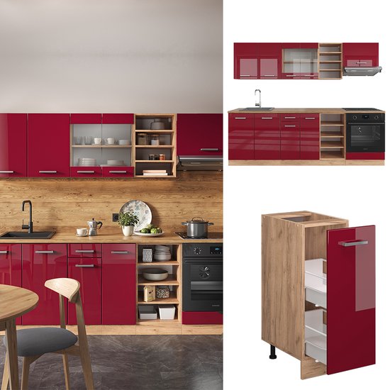 Meuble de cuisine complet Vicco R- Line, Bordeaux brillant/chêne doré/chêne puissant doré, 240 cm sans plan de travail