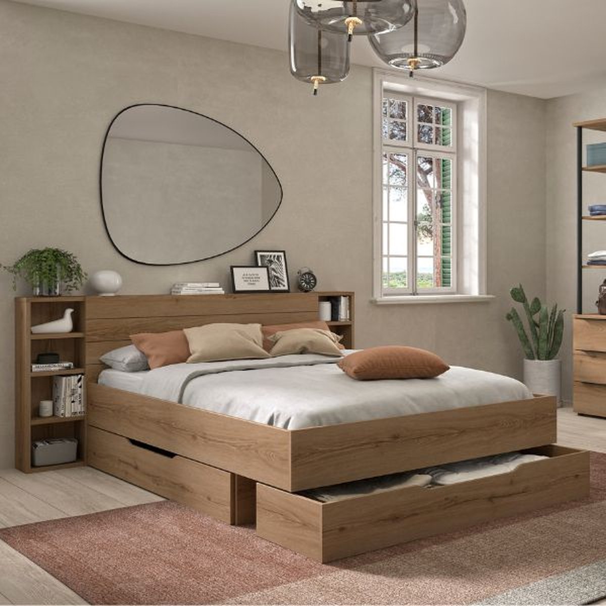 Tweepersoonsbed met laden en opbergruimte Lucian | 140 x 200 cm | Helvezia Oak-design - Gautier - Gami - Tweepersoons bedkader - Bruin - MDF Tweepersoons Normaal bed