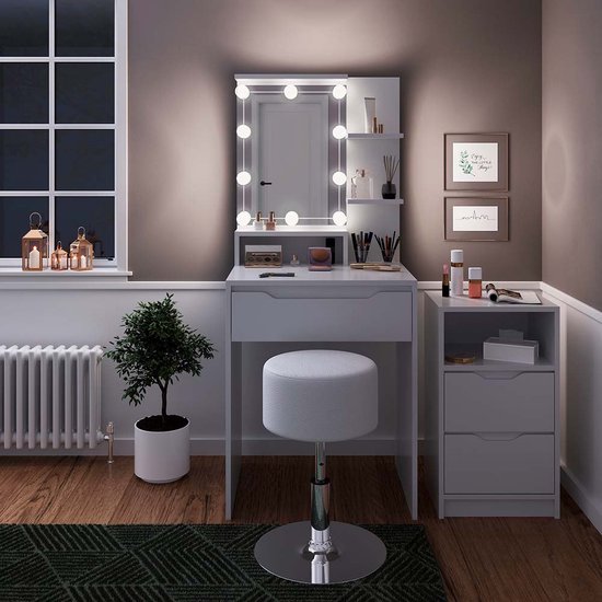 Coiffeuse Vicco Laura Blanc Avec Miroir LED Et Tabouret - Neuve Sous Emballage