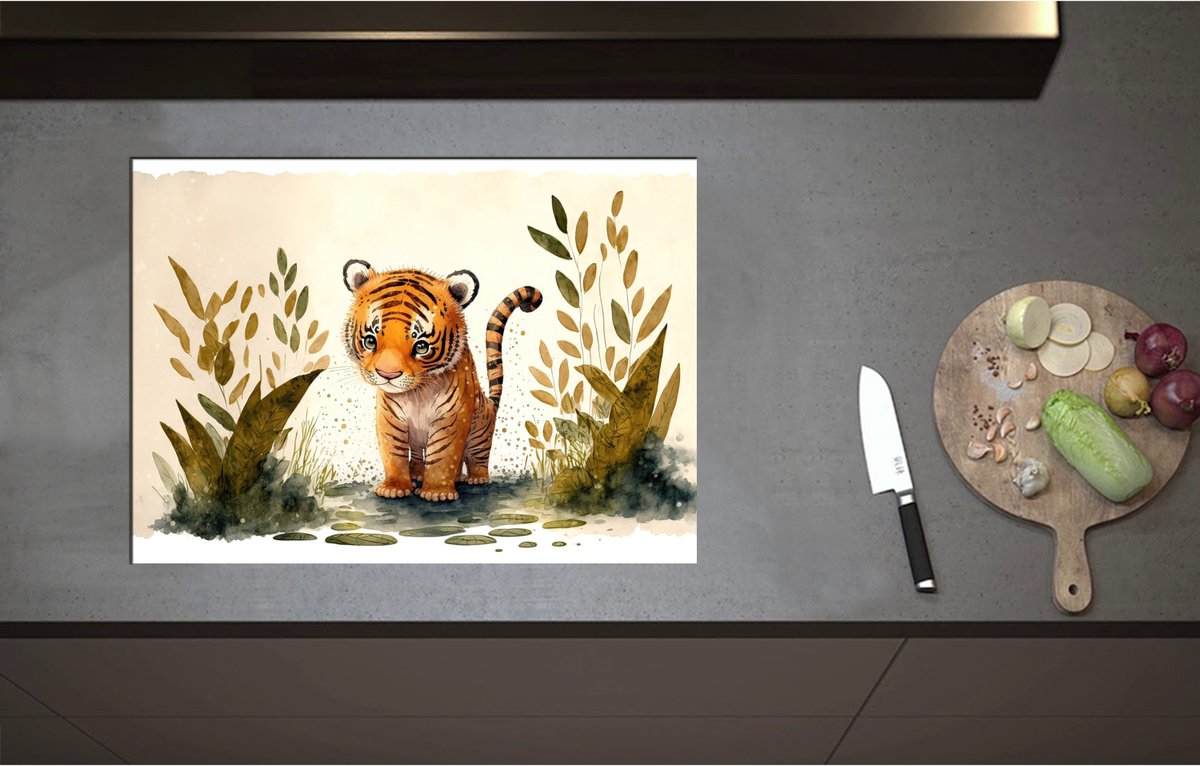 Inductieplaat Beschermer - Cartoon Tekening van Tijger Welpje tussen de Planten - 71x51 cm - 2 mm Dik - Inductie Beschermer - Bescherming Inductiekookplaat - Kookplaat Beschermer van Zwart Vinyl