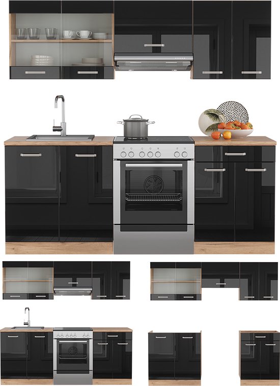 Meuble de cuisine complet Vicco R- Line – 200 cm, WB Anthracite Chêne noir brillant/or, WB Anthracite