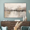 Peinture abstraite dans des tons beige, gris et brun sur un mur au-dessus d'un buffet.
